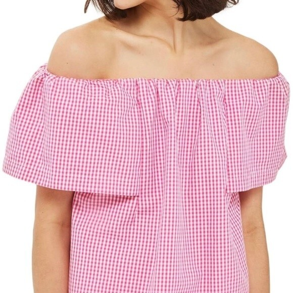 TOPSHOP Maggie Bardot Gingham Pink White Checkered Plaid Off the Shoulder SZ 8 - Picture 1 of 7